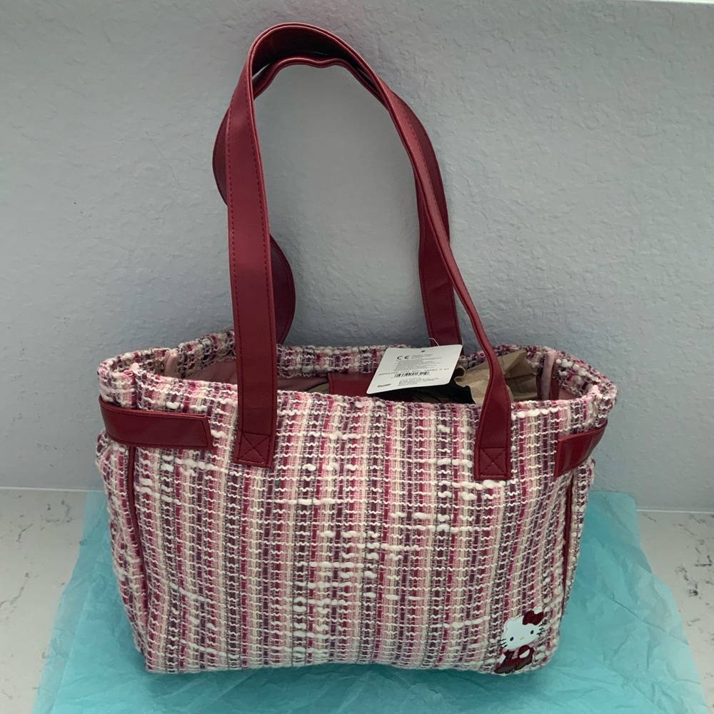 New Rare Sanrio Hello Kitty Pink Maroon Tweed Bag Purse Tote